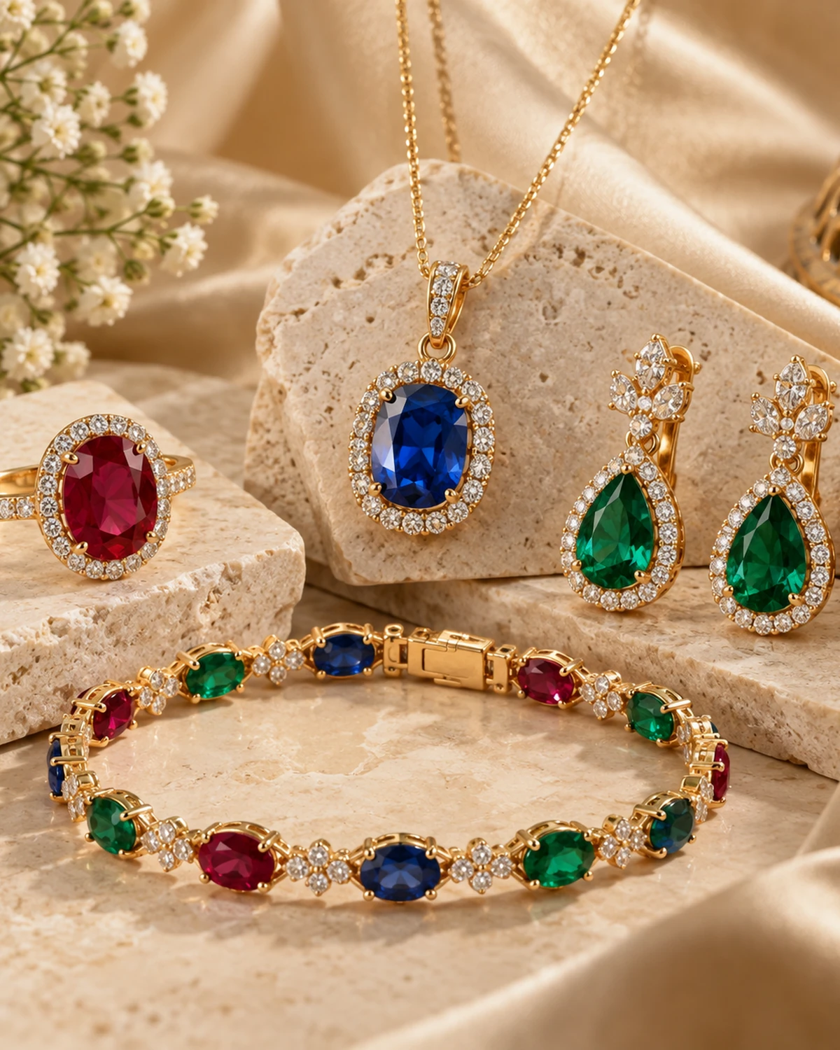 Ruby sapphire emerald and coloured gemstone jewellery