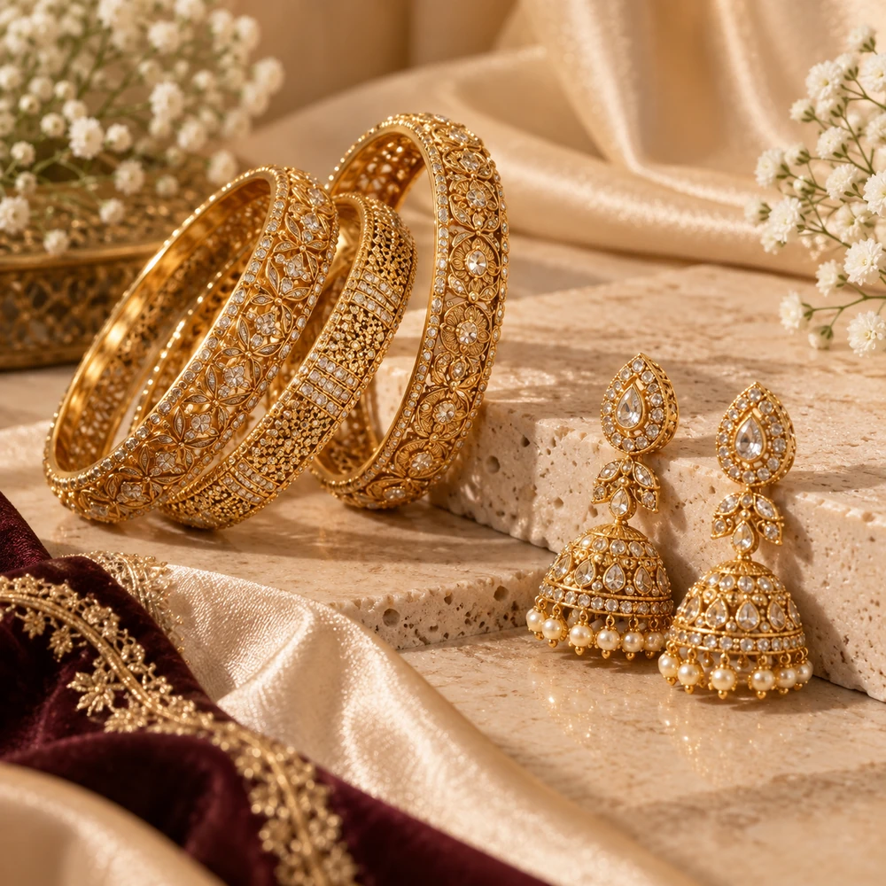 Gold bangles and jhumka earrings