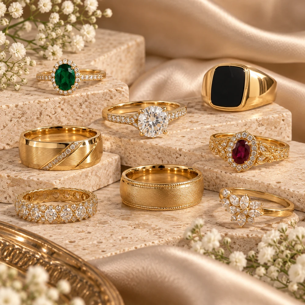 Gold diamond and gemstone rings