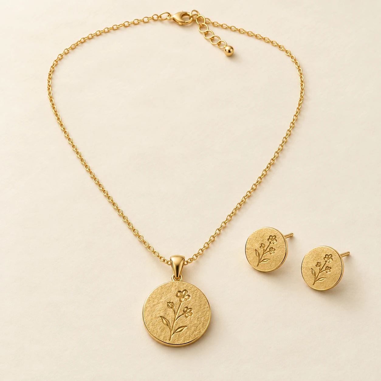 Yaad Floral Disc Set — one pendant on chain and two matching studs