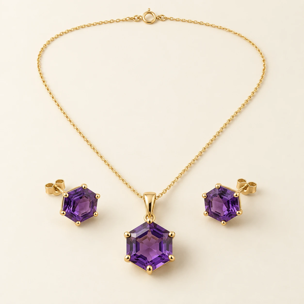 Jamuni Amethyst Pendant Set — one pendant on chain and two matching studs
