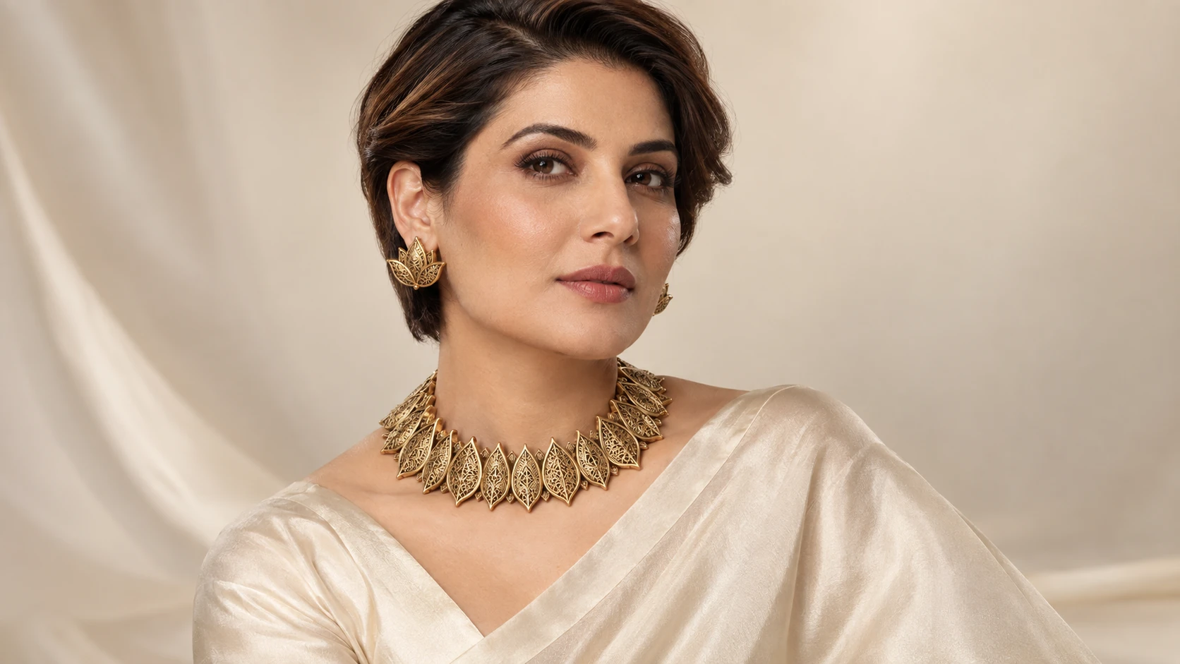 Heritage celebration — a Pakistani woman aged 35 with a square face, short side-parted hair, ivory silk
