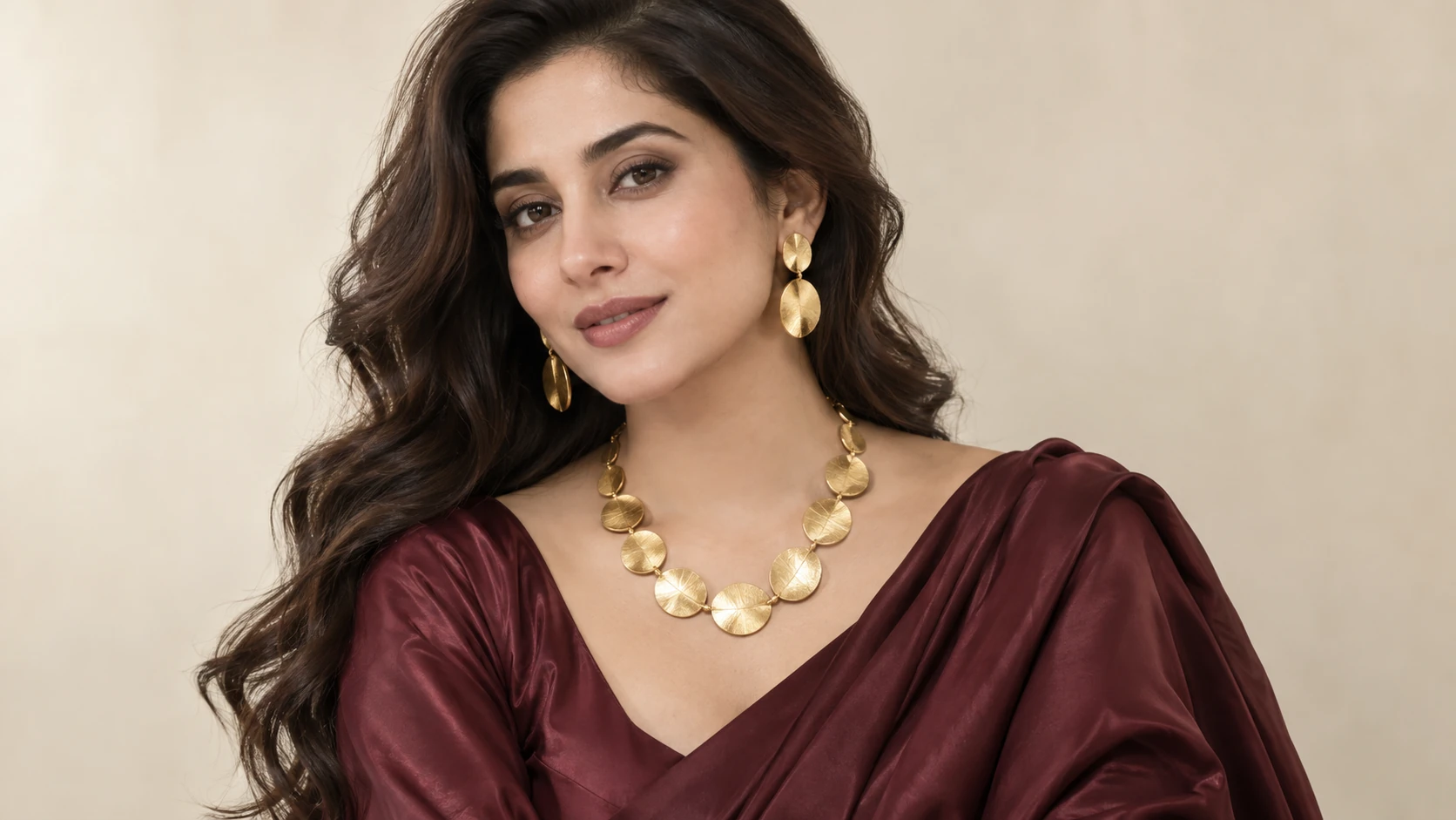 A personal collection — a Pakistani woman aged 28 with oval face, long wavy hair and burgundy silk
