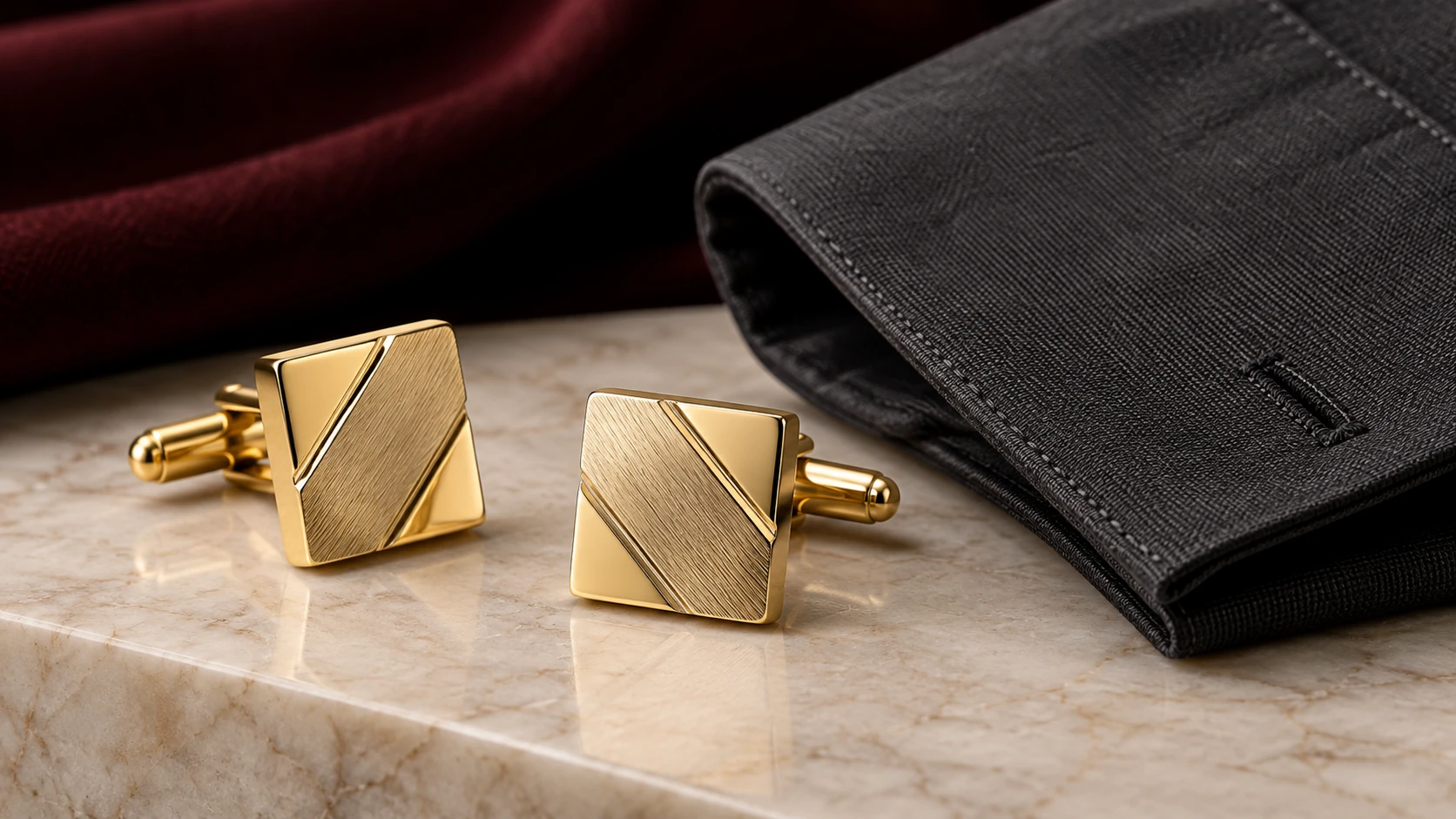 Quiet distinction — masculine squared gold cufflinks with diagonal brushed insets beside a charcoal shirt cuff