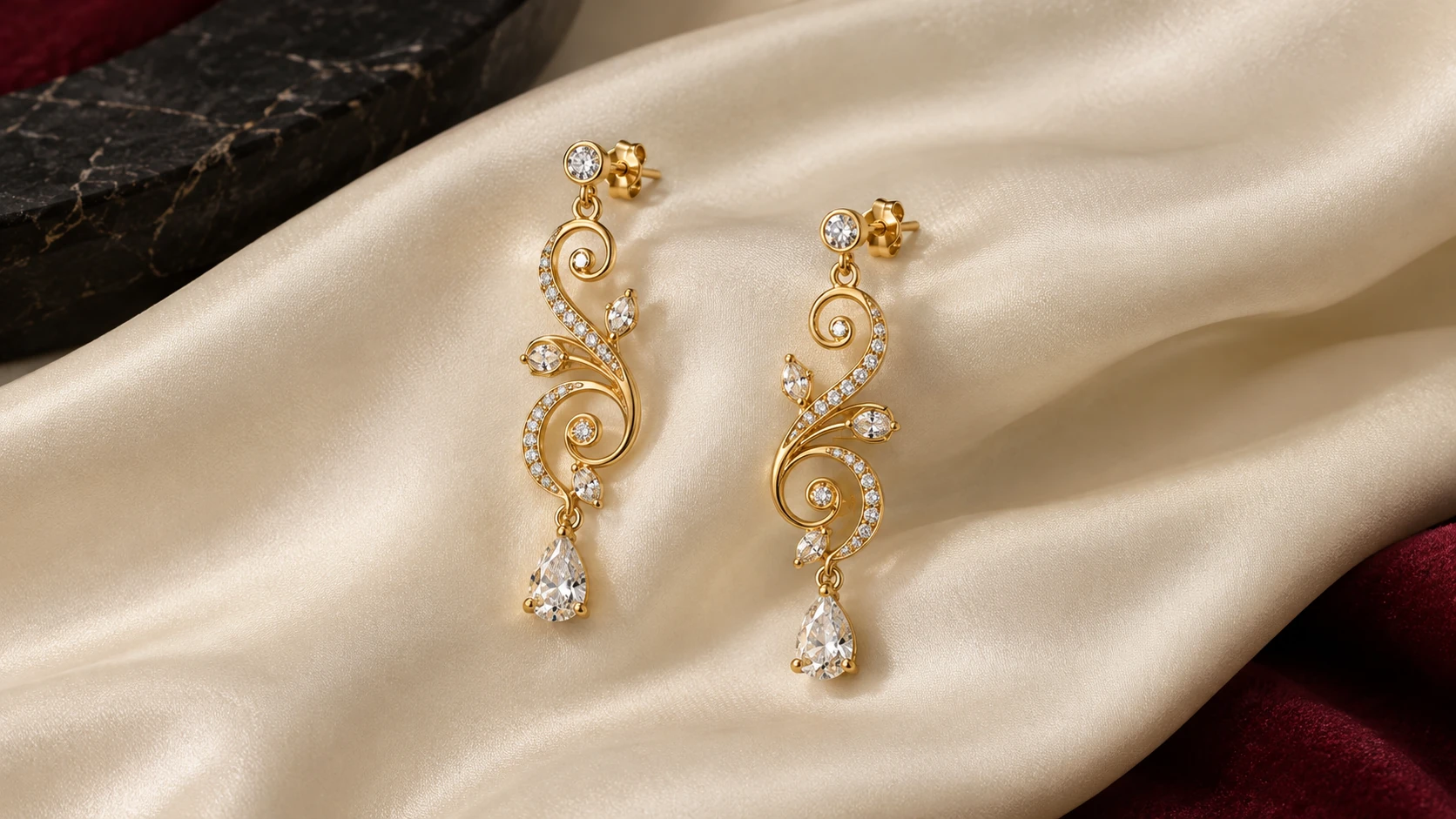 Balance in a pair — one unique pair of gold spiral scroll drop earrings, no dome, no jhumka, no crescent