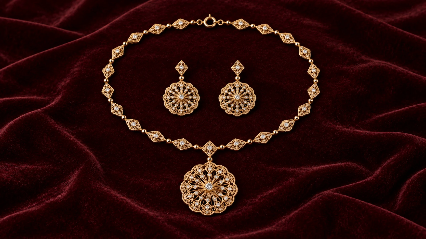 The complete necklace set — complete long single-strand haar of small gold pierced diamond links with a large scalloped wheel medallion and two matching wheel drop earrings