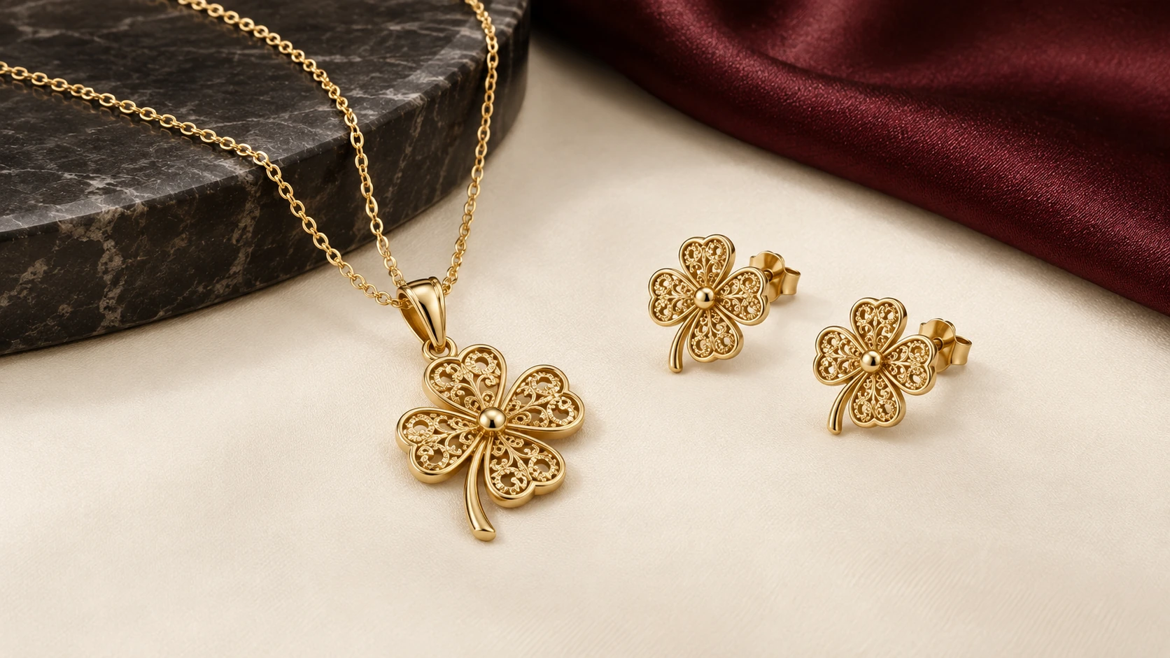 A pendant with its pair — one unique gold four-leaf clover pendant and two matching clover studs, fine chain neatly arranged on ivory