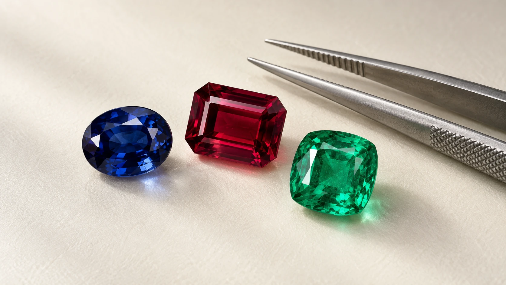 Colour with character — three loose gemstones only: dark blue oval sapphire, deep red emerald-cut ruby and saturated green cushion emerald resting beside unbranded jeweller tweezers on ivory