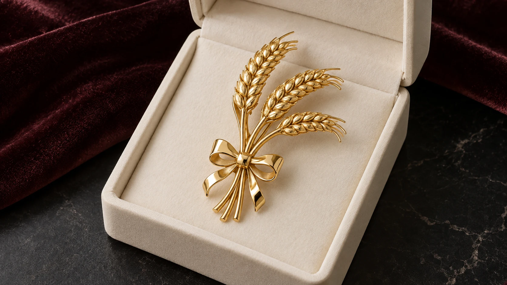 A gift thoughtfully chosen — a unique gold brooch of three arched wheat stalks tied by a smooth polished bow in an open plain ivory jewellery box