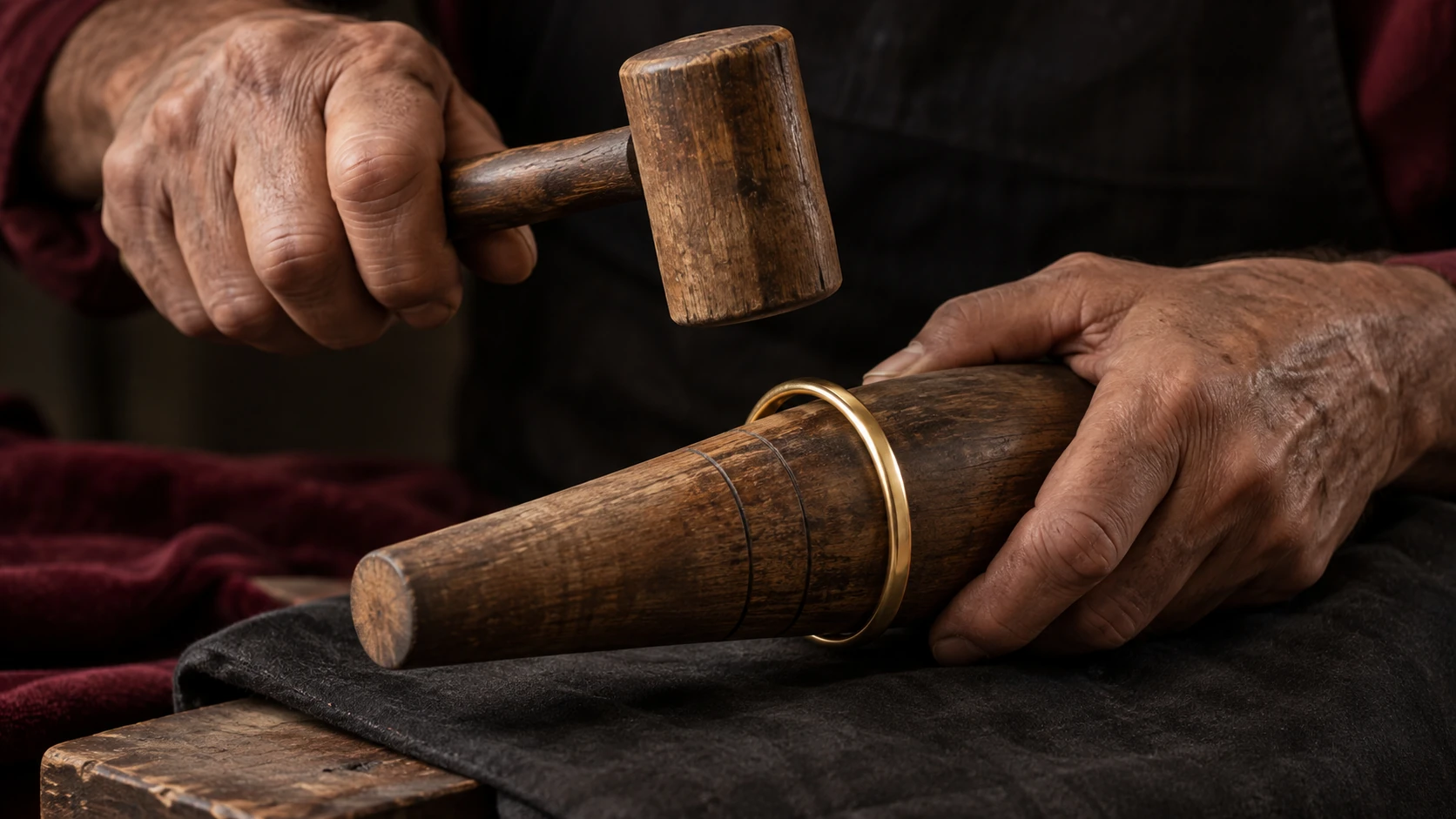 A shared tradition — editorial close-up of two aged jeweller hands working on a plain gold circular bangle using wooden mandrel and small mallet