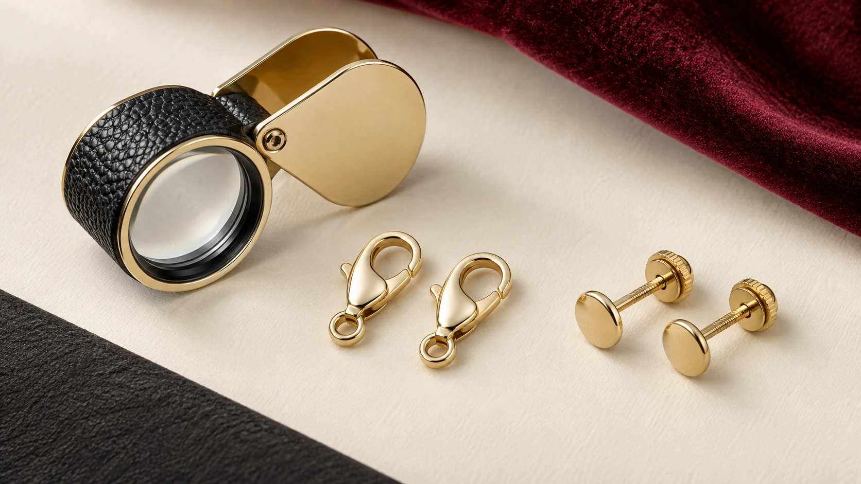 Look closely — macro editorial of jeweller loupe beside one pair of unused polished gold lobster clasps and screwback ear posts on ivory, no gemstones, no writing