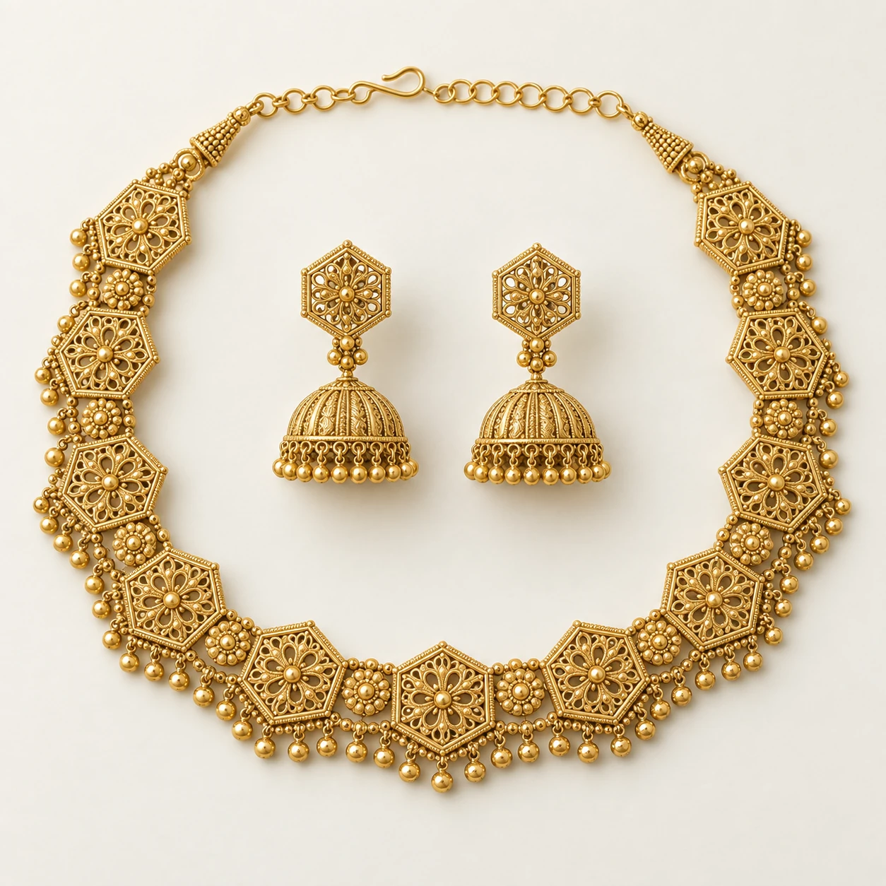 Mehr Guluband & Fluted Jhumka Set — one complete guluband necklace and exactly two matching fluted jhumka earrings
