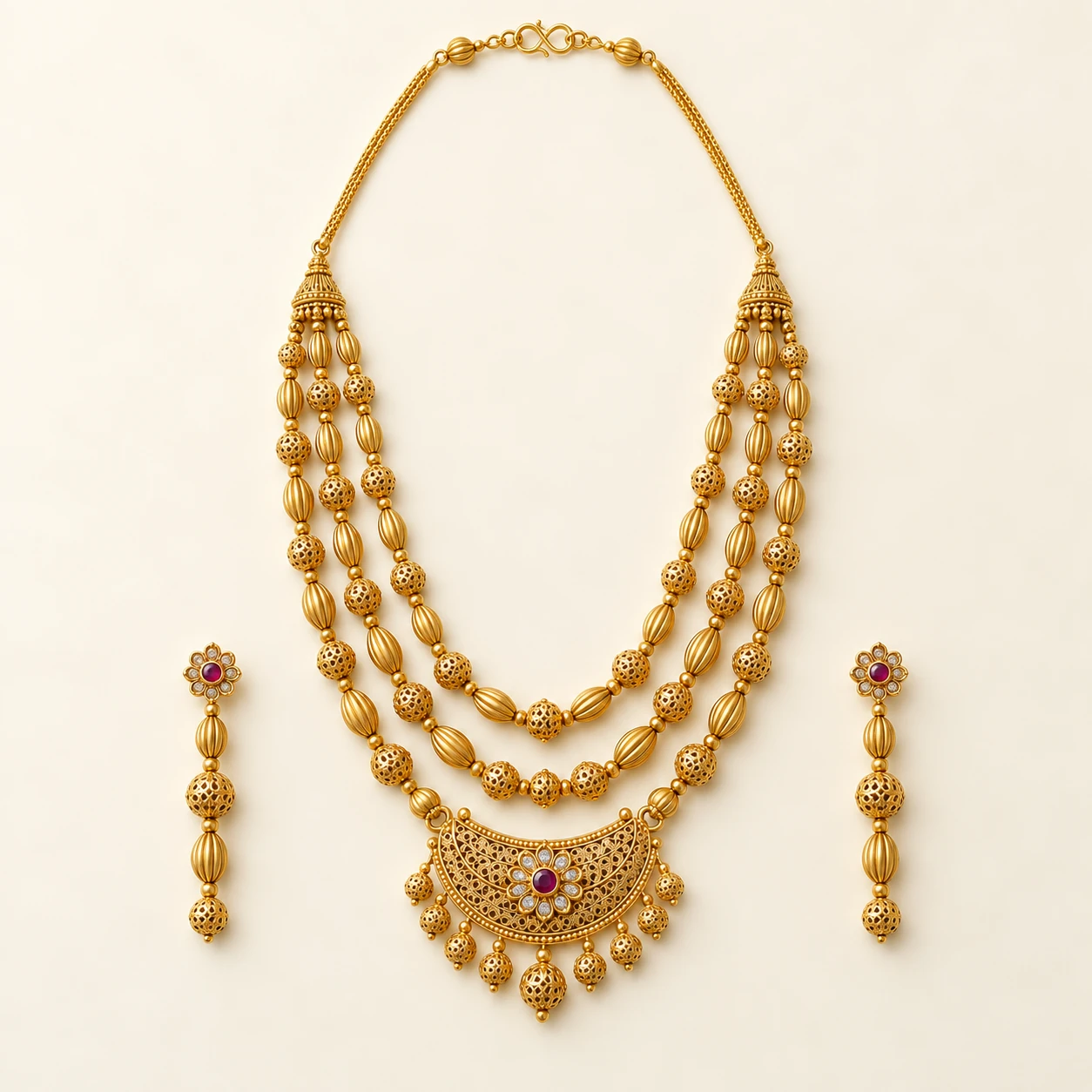 Shahana Mala & Earrings — one three-strand mala/rani haar and two matching earrings