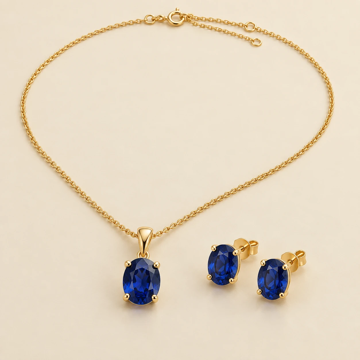 Neelam Pendant & Tops — one pendant on a chain and two matching sapphire studs