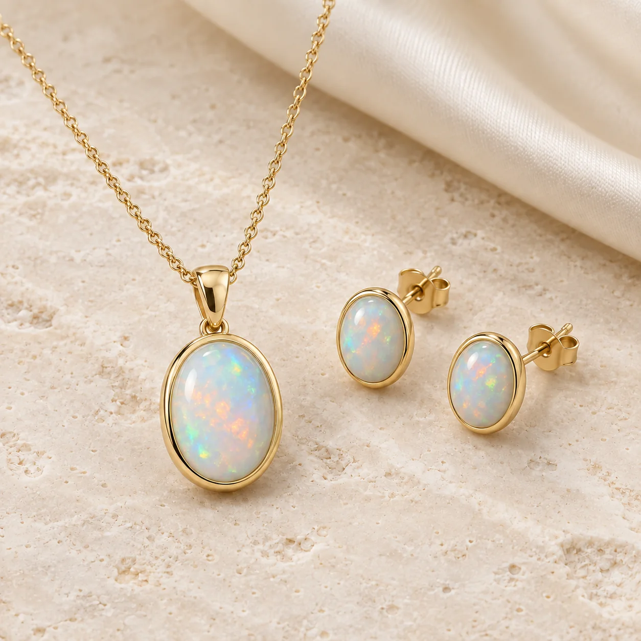 Birthstones collection - a complete October opal pendant-and-ear-stud set: one oval milky-white opal cabochon with subtle realistic blue, green and orange play of colour held in a smooth complete yellow-gold protective bezel with simple bail on a fine cable chain, exactly two matching oval opal studs in smaller smooth closed gold bezels with visible posts and backs. No halo, no diamonds.