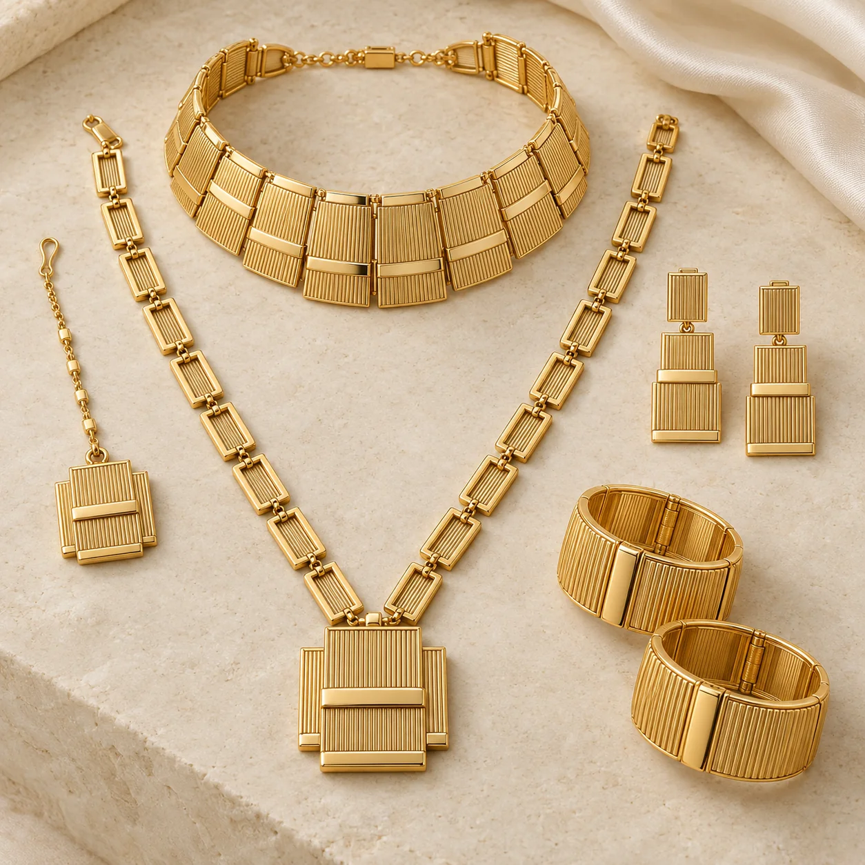 Bridal Jewellery collection - complete Pakistani bridal yellow-gold suite of stepped rectangular architectural plaques with narrow vertical ribbing and polished horizontal bars: one broad short collar of linked rectangular panels, one long single-strand haar of open rectangular links with a large three-step square pendant, exactly two matching rectangular three-step drop earrings, one square tikka and exactly two matching wide hinged gold karas with vertical flutes. No stones, no pearls, no paisley, no leaf, no flower, no jhumka.