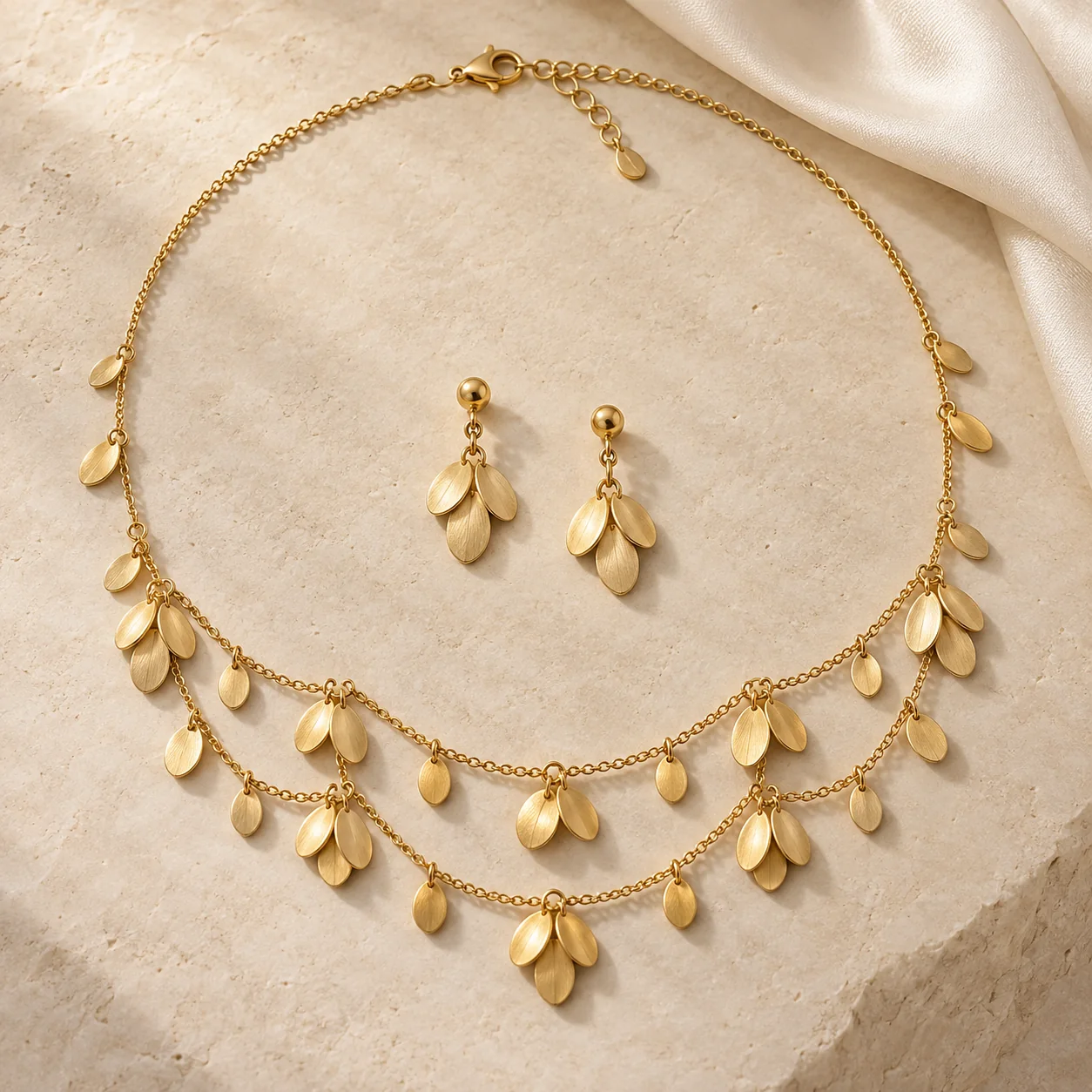 For Her collection - complete delicate yellow-gold festoon necklace made from staggered tiny satin oval petals suspended on three scalloped cable swags, two matching three-petal drop earrings, entirely different from a leaf collar or seed-pod necklace