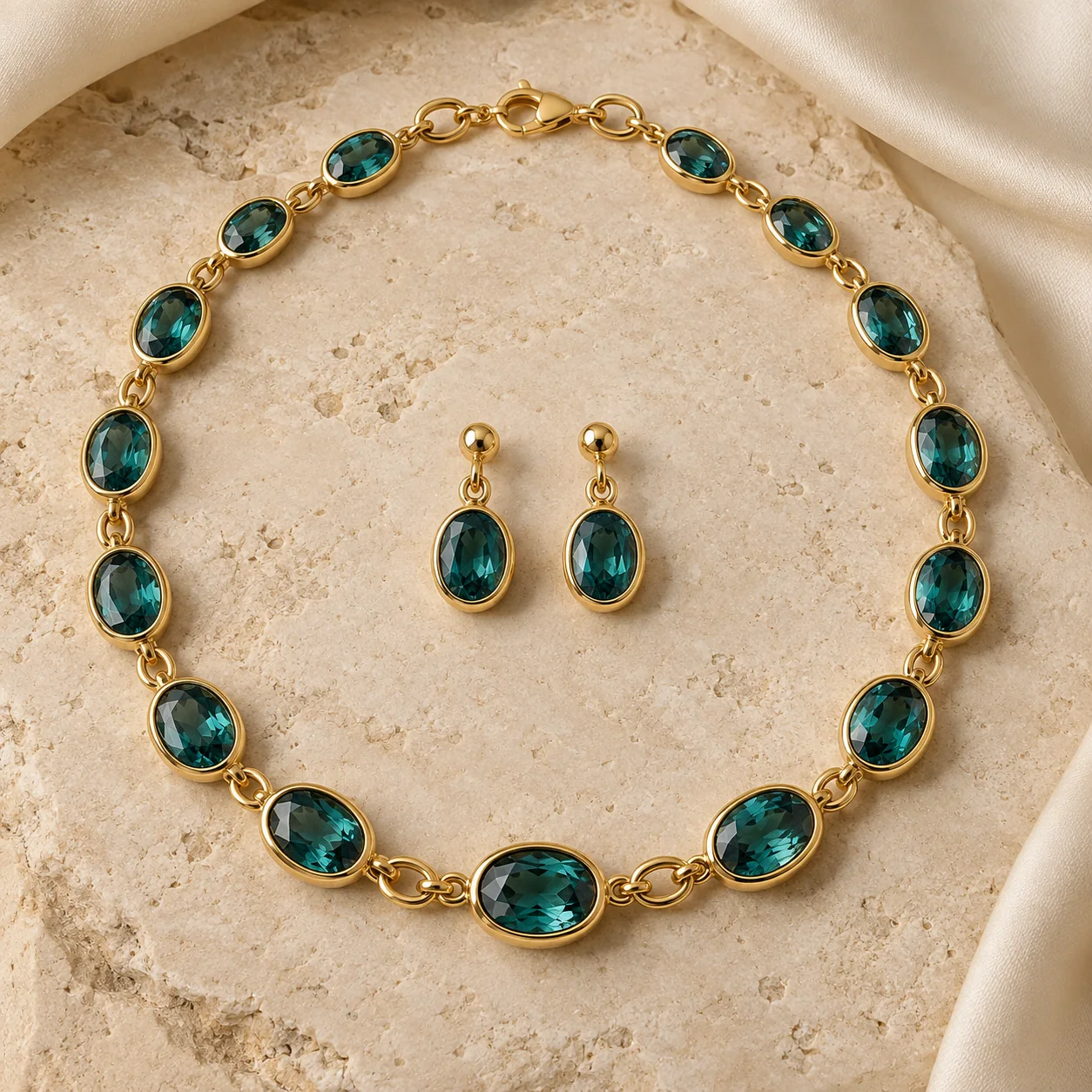 Gemstones collection - complete yellow-gold short necklace of deep teal oval tourmalines in fully closed rounded bezels connected by small thick oval cable links, two matching single oval teal drop earrings