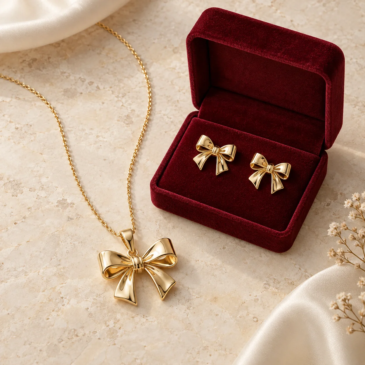 Gifts collection - complete gold bow-shaped pendant with softly folded satin ribbon planes and fine chain, exactly two matching small gold bow studs in an open plain burgundy velvet presentation box, no logo or lettering