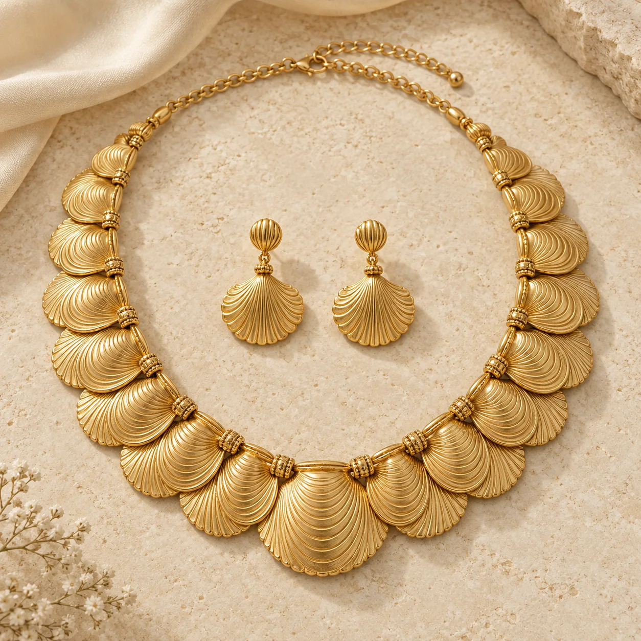 Gold Jewellery collection - complete traditional gold necklace of overlapping scalloped shell-shaped panels with fine concentric engraved ridges and small barrel spacers, two matching shell drop earrings