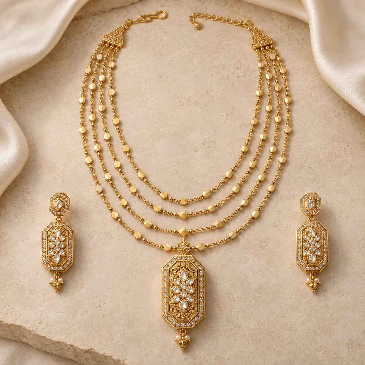 Necklaces collection - complete long four-strand graduated gold mala of very fine cable chains with alternating small flattened octagonal beads