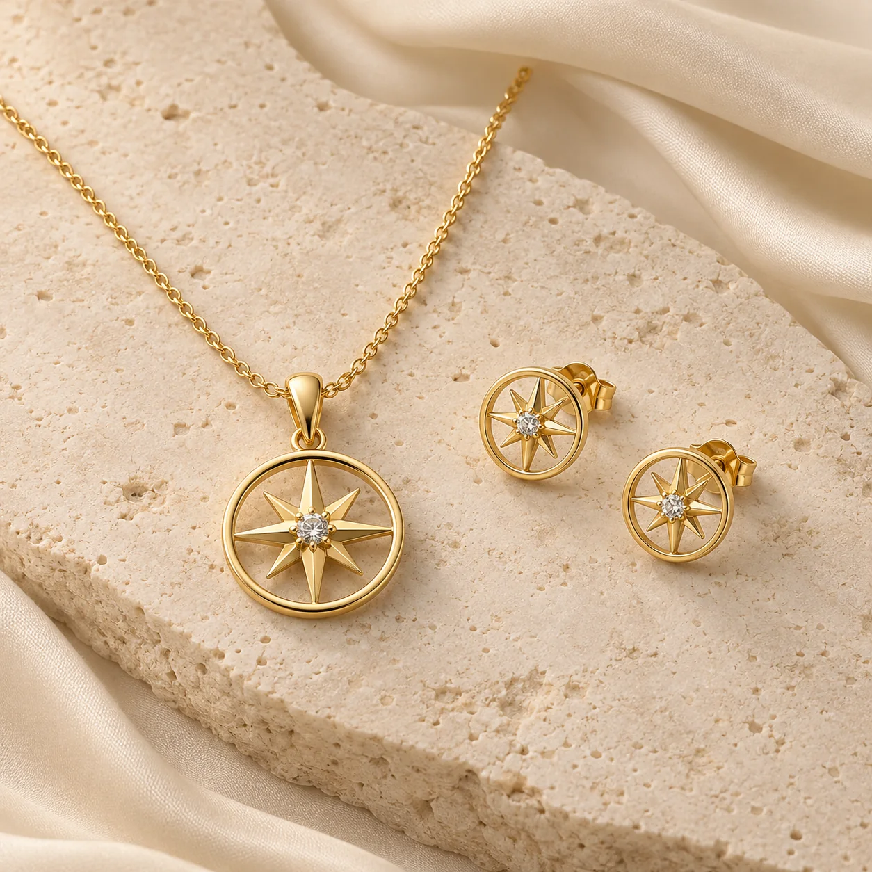 Pendants & Chains collection - one yellow-gold round open compass-rose pendant with eight tiny spokes and polished circular border, fine chain