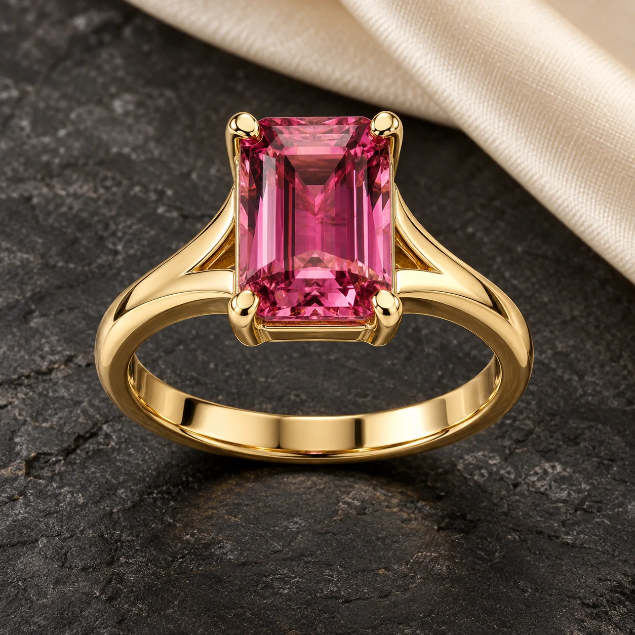 Rings collection - one realistic yellow-gold ring with a rectangular vivid pink tourmaline held in four robust corner prongs, two clean tapering cathedral shoulders and a plain polished shank, no halo, no split shank