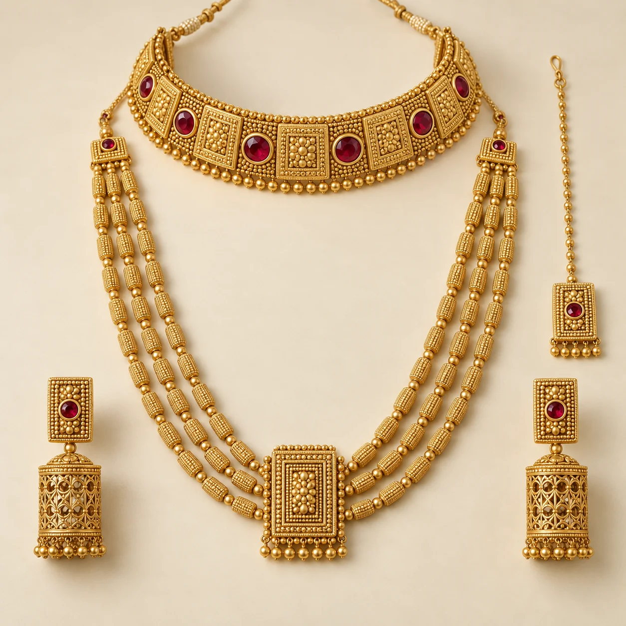 Jashn Barat Guluband & Haar Set - One guluband, one three-strand haar, two cylindrical jhumkas and one tikka.