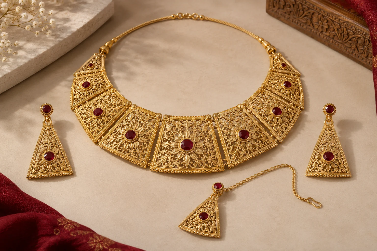 Barat Jewellery editorial - complete yellow-gold Barat set of broad pierced triangular filigree collar panels with red round bezels, two matching long triangle earrings.