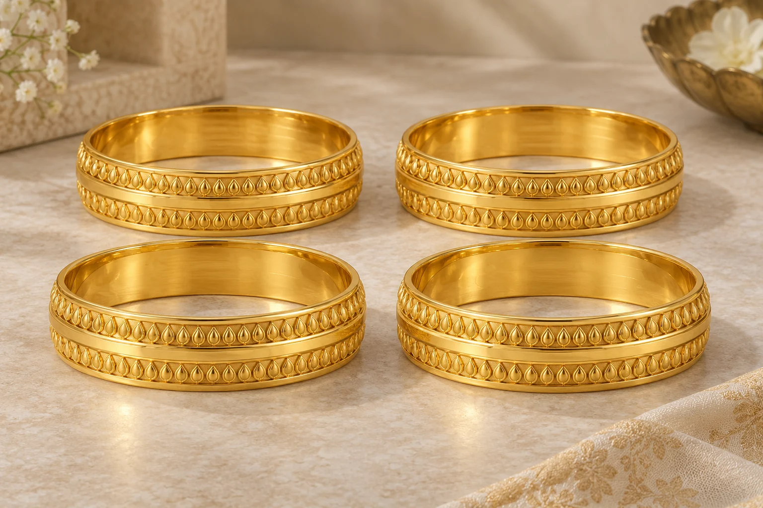 Bridal Bangles editorial - exactly four separate wide yellow-gold round bangles arranged in a two-by-two group, alternating embossed horizontal rows of tiny solid.