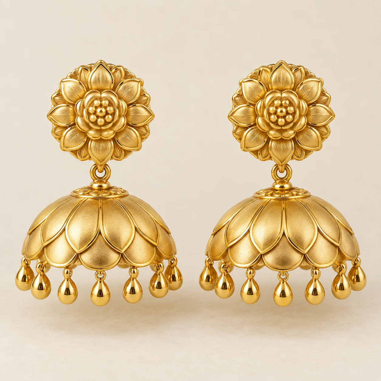 Naubat Lotus Jhumka Pair - One matched pair of lotus umbrella jhumkas.