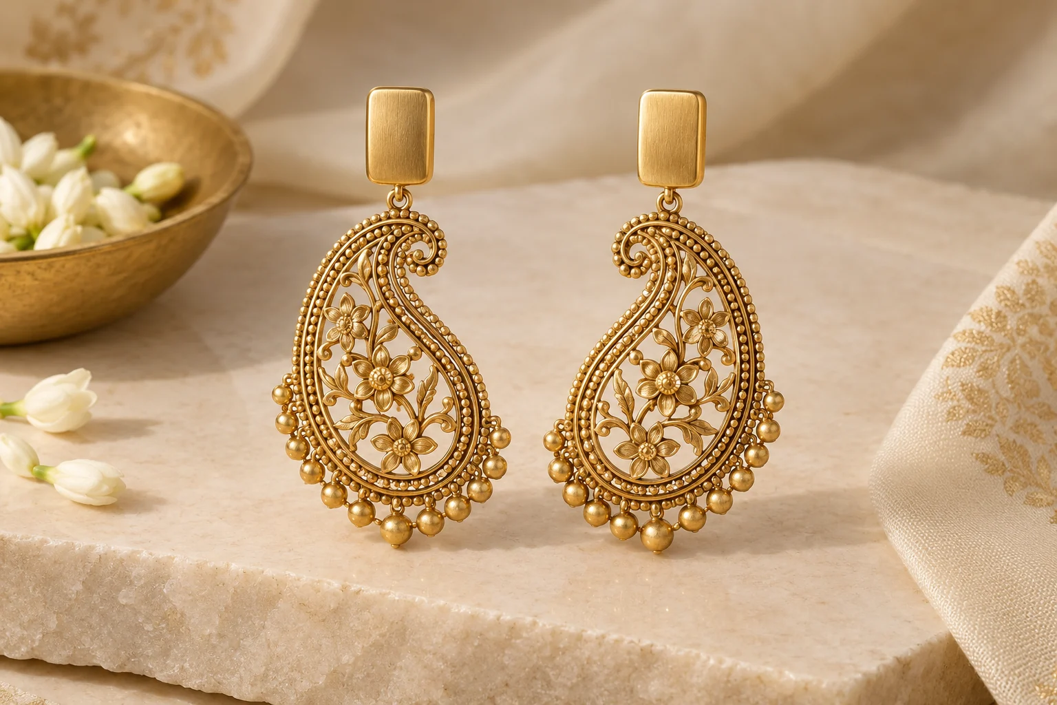 Bridal Earrings editorial - exactly two antique-yellow-gold bridal drop earrings shaped as a large pierced paisley with a small gold bead fringe and a smooth rectangular.