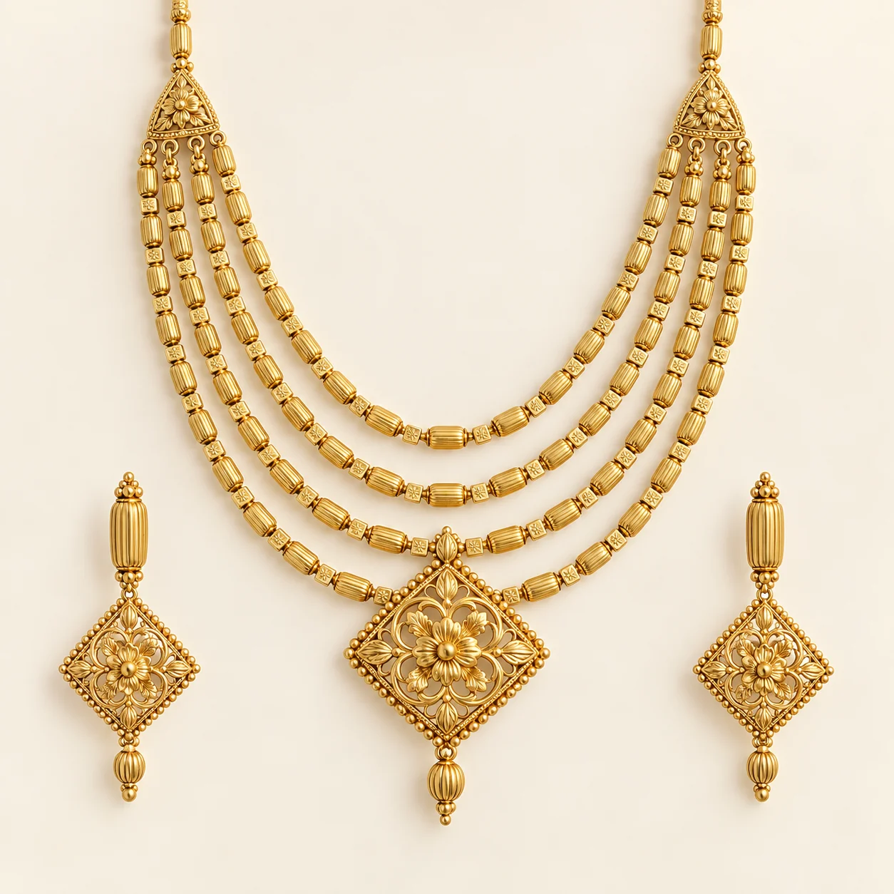Raj Rani Haar Set - One five-strand Rani Haar and two matching earrings.