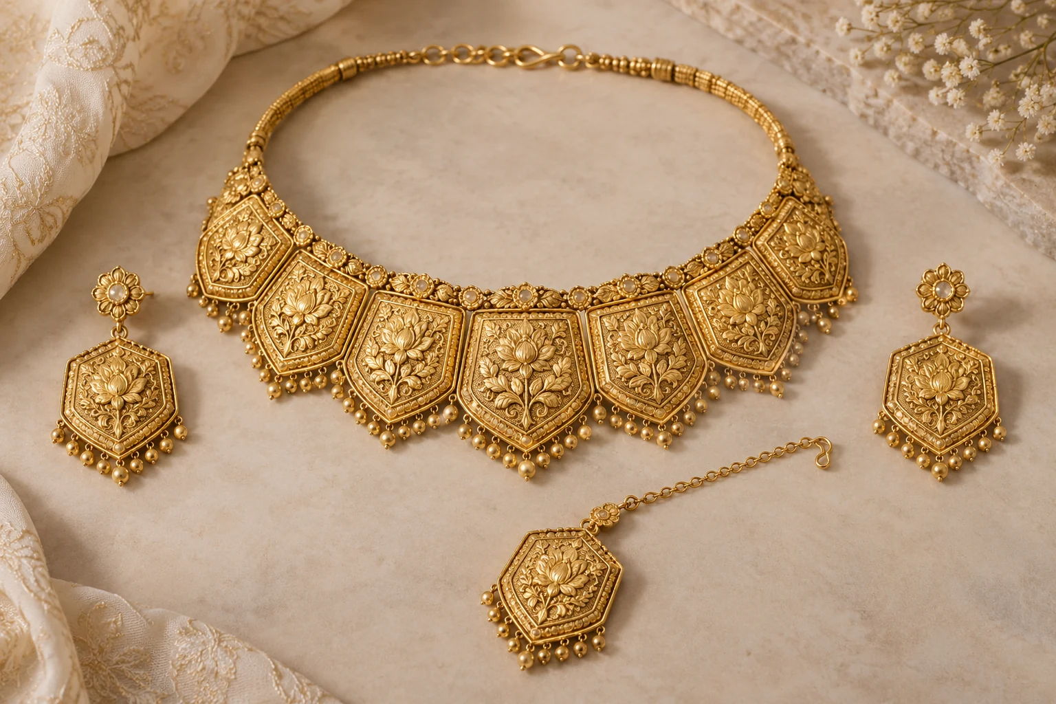 Bridal Necklaces editorial - complete yellow-gold bridal collar of seven large shield-shaped embossed floral panels, with two matching shield drop earrings and a shield.
