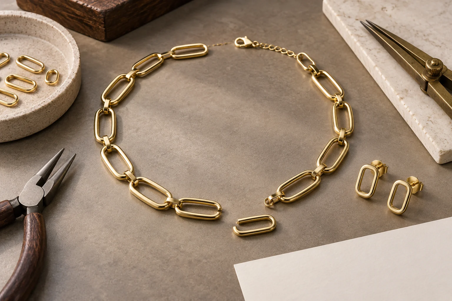 Custom Bridal Jewellery editorial - unbranded jeweller workbench with one partially assembled gold necklace of rounded open rectangular links and a separate matching pair.