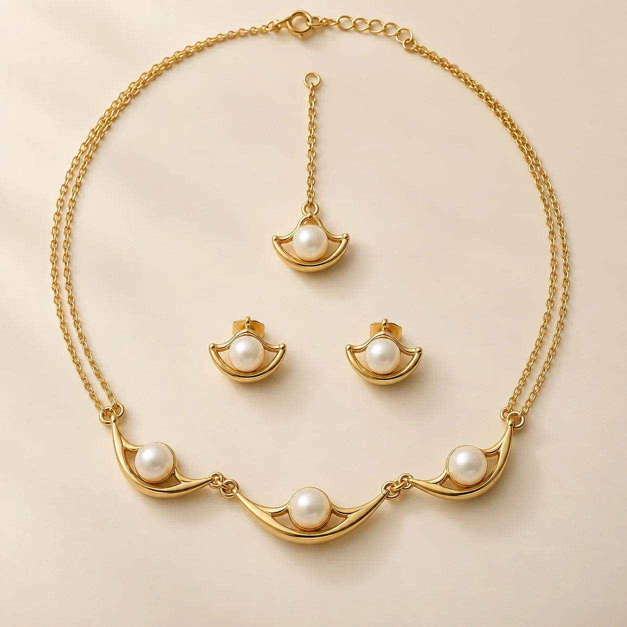 Ahd Nikah Pearl Set - One short necklace, two matching earrings and one tikka.