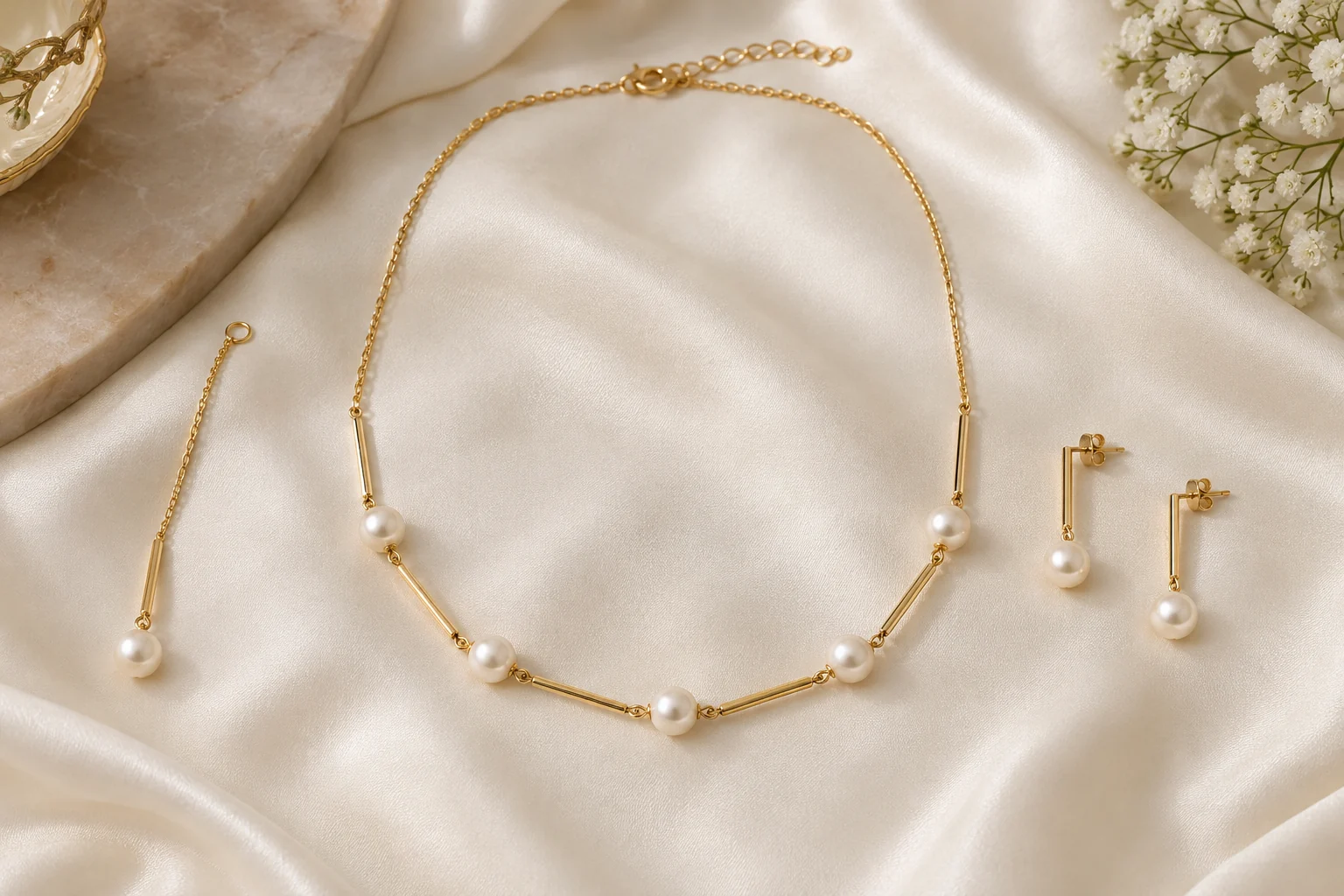 Nikah Jewellery editorial - delicate gold necklace of five small creamy pearls spaced between long smooth gold bar links, two matching single-pearl gold bar earrings and a.