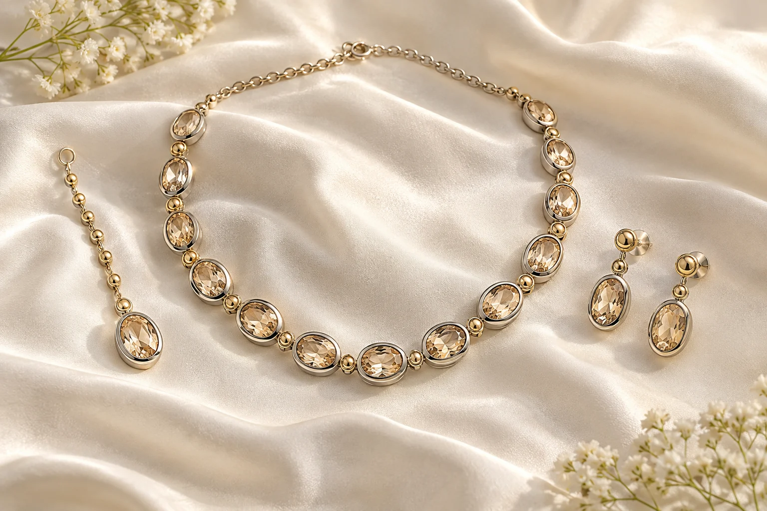 Walima Jewellery editorial - white-metal Walima necklace of light champagne oval stones in protective bezels alternating small circular gold hinges, two matching champagne.