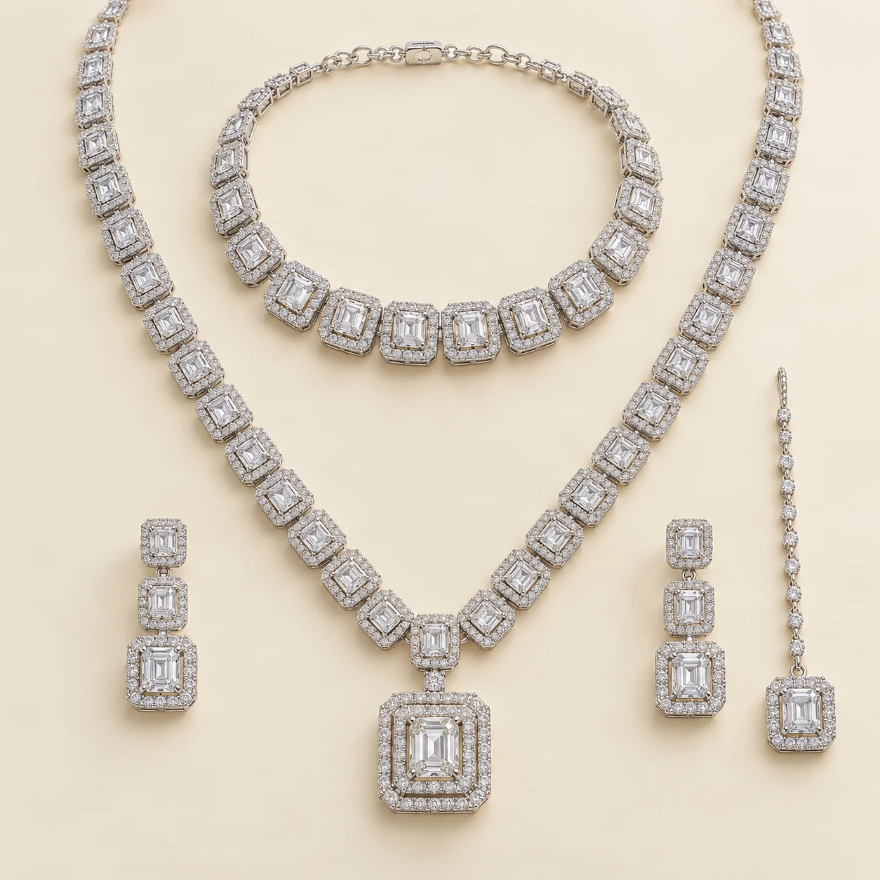 Aasman Diamond Bridal Set - One collar, one long necklace, two earrings and one tikka.