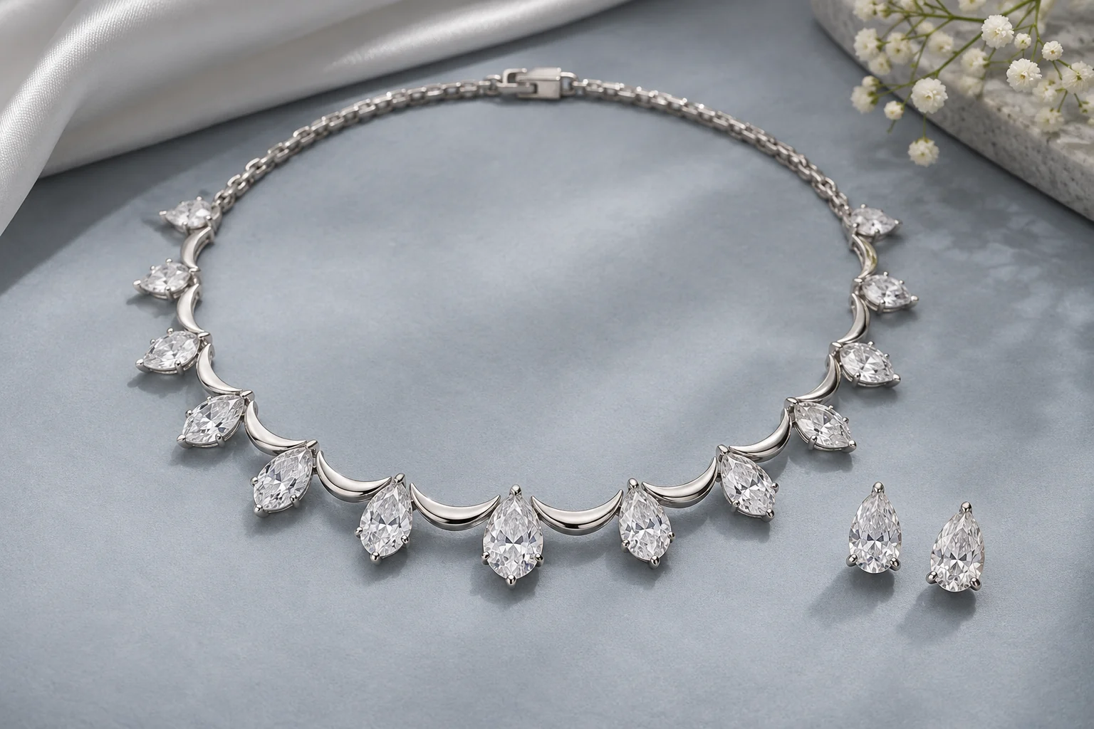 Diamond Necklaces editorial - white-metal short necklace of alternating clear pear stones pointing outward and plain narrow crescent hinges, with two matching single-pear.