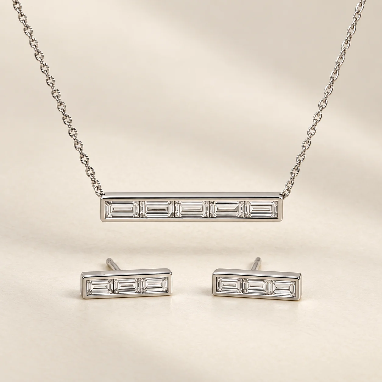 Dilkash Baguette Bar Pendant Set - One bar pendant with chain and two matching studs.