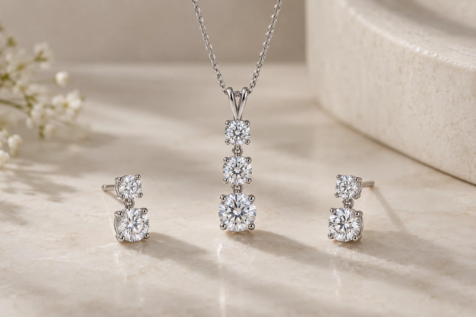 Diamond Pendants editorial - white-metal vertical three-round clear-stone graduated pendant and matching two-round graduated stud earrings on a delicate chain, four claws.
