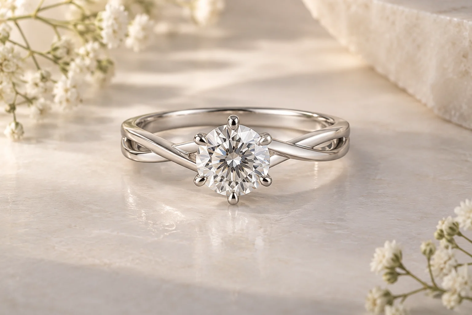 Diamond Rings editorial - one white-metal ring with a round clear centre stone in six tall symmetrical claws and a double crossed narrow shank, no halo