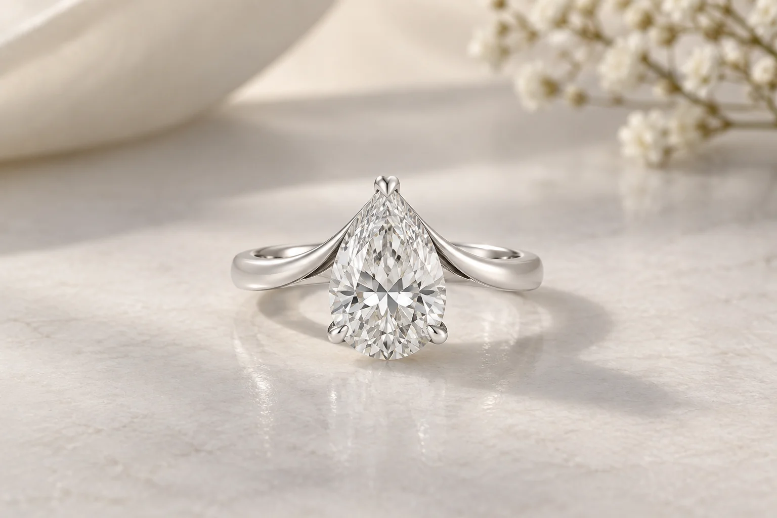 Engagement Rings editorial - one white-metal pear clear-stone engagement ring with protected tip and two shoulder claws, smooth cathedral shank, no halo