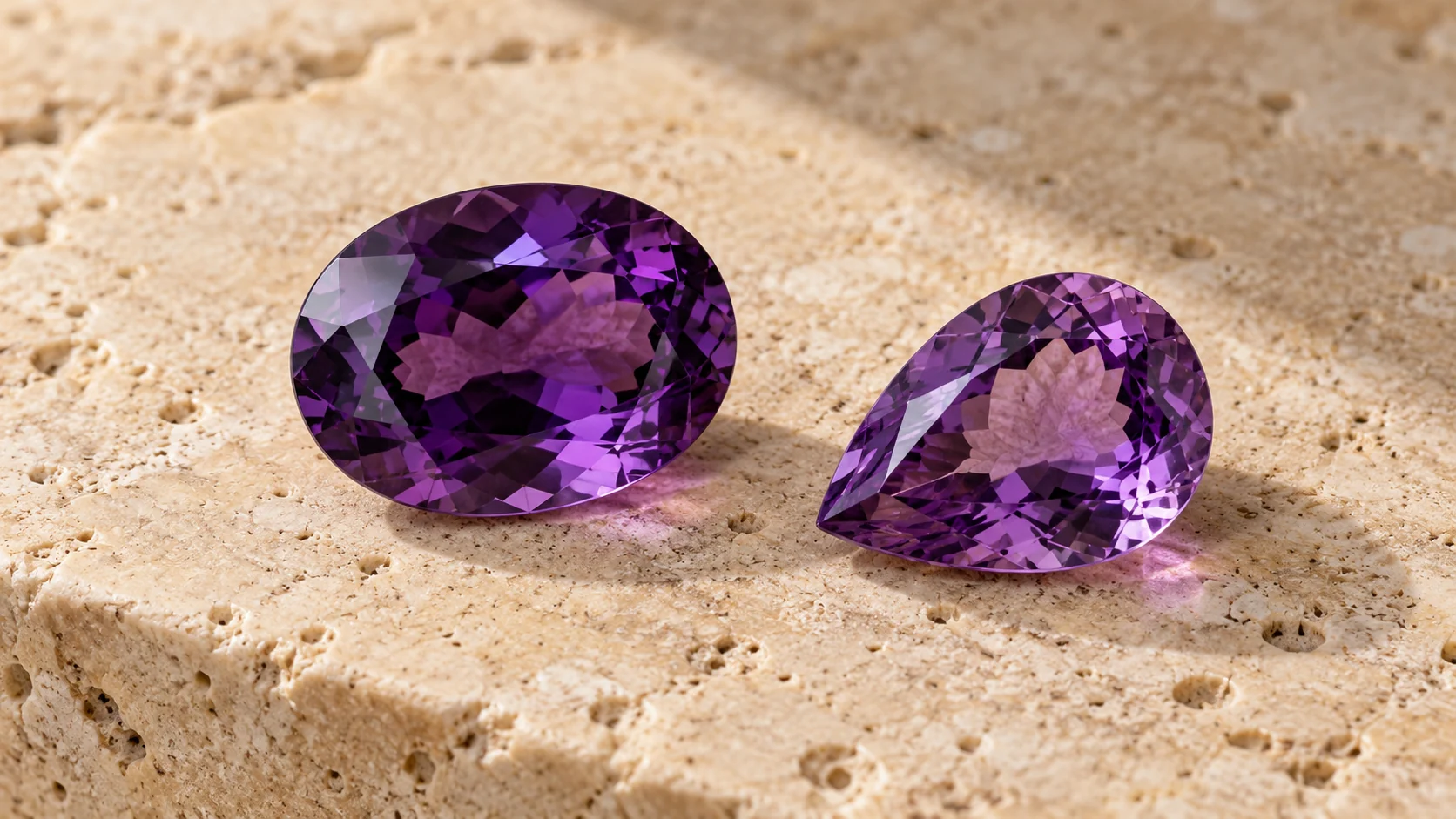 Amethyst editorial - one deep-purple oval amethyst and one violet pear-cut amethyst on a warm ivory travertine block