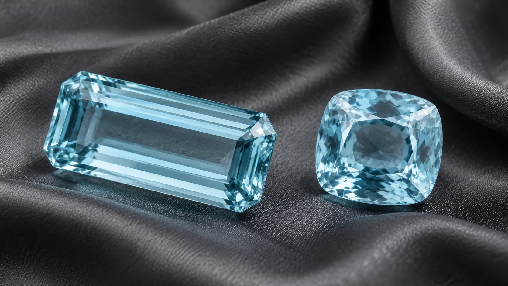 Aquamarine editorial - one pale-blue elongated rectangular aquamarine beside one pale-blue cushion cut on dark grey folded silk