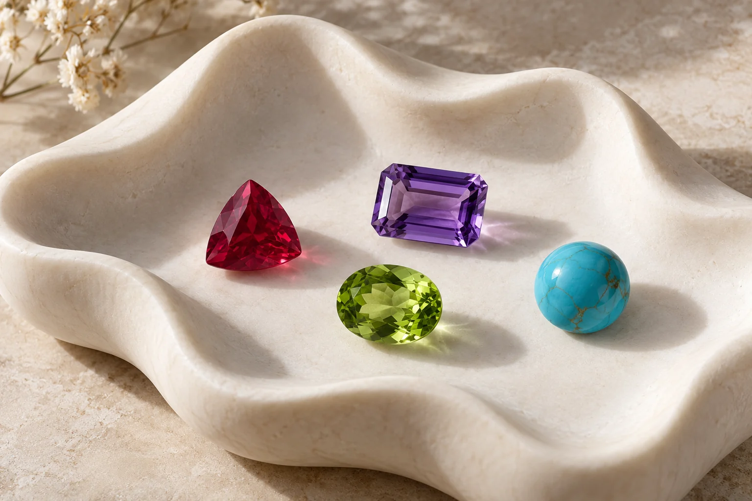 Gemstones & Birthstones editorial - unmounted gemstones in a sculptural ivory tray: one red triangular ruby, one purple rectangular amethyst, one yellow-green oval peridot.