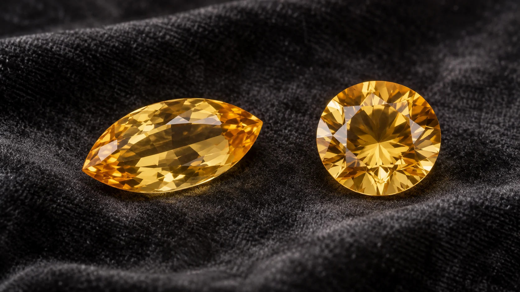 Citrine editorial - one honey-golden-yellow marquise citrine and one golden round citrine on charcoal velvet
