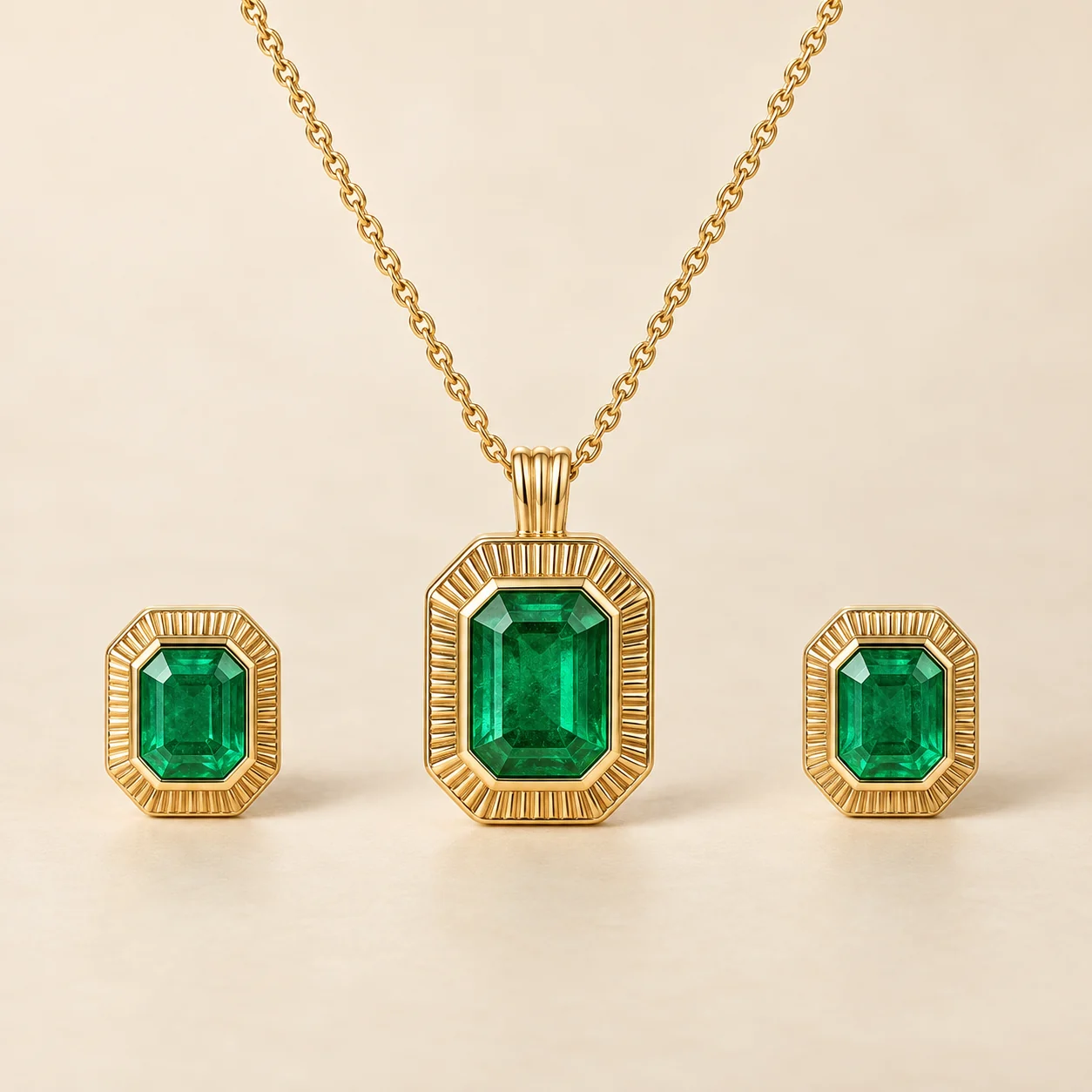 Sabza Emerald Pendant Set - One emerald pendant with chain and two matching studs.