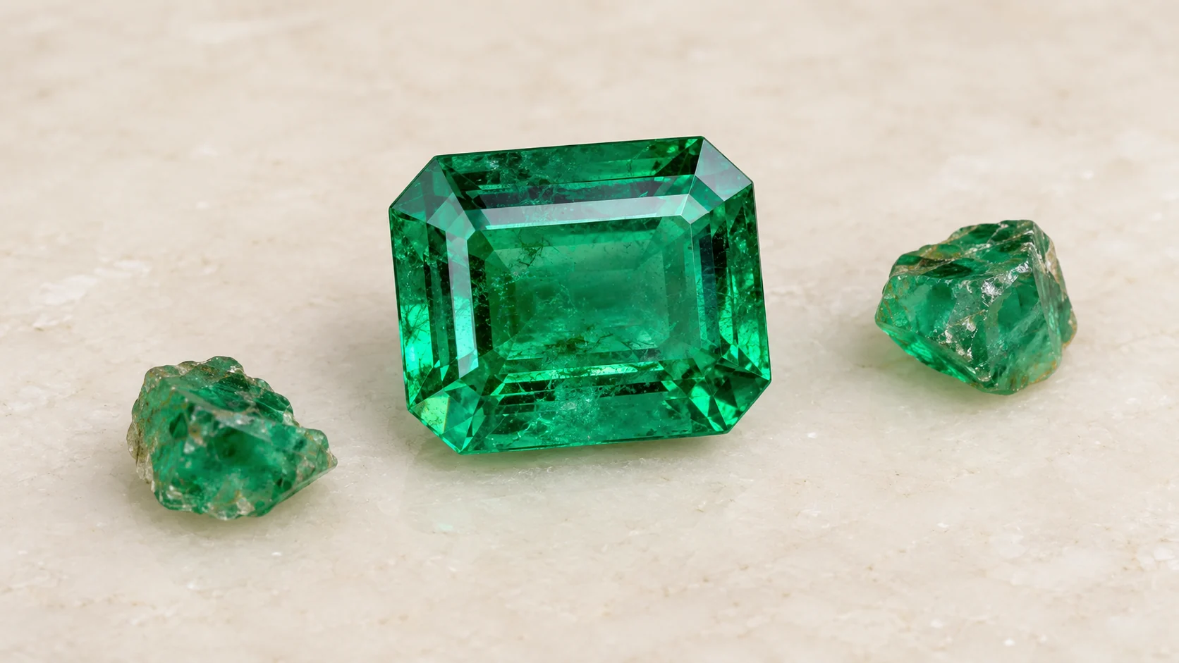 Emerald editorial - one vivid-green octagonal step-cut emerald and two tiny rough green crystal fragments on plain ivory ceramic